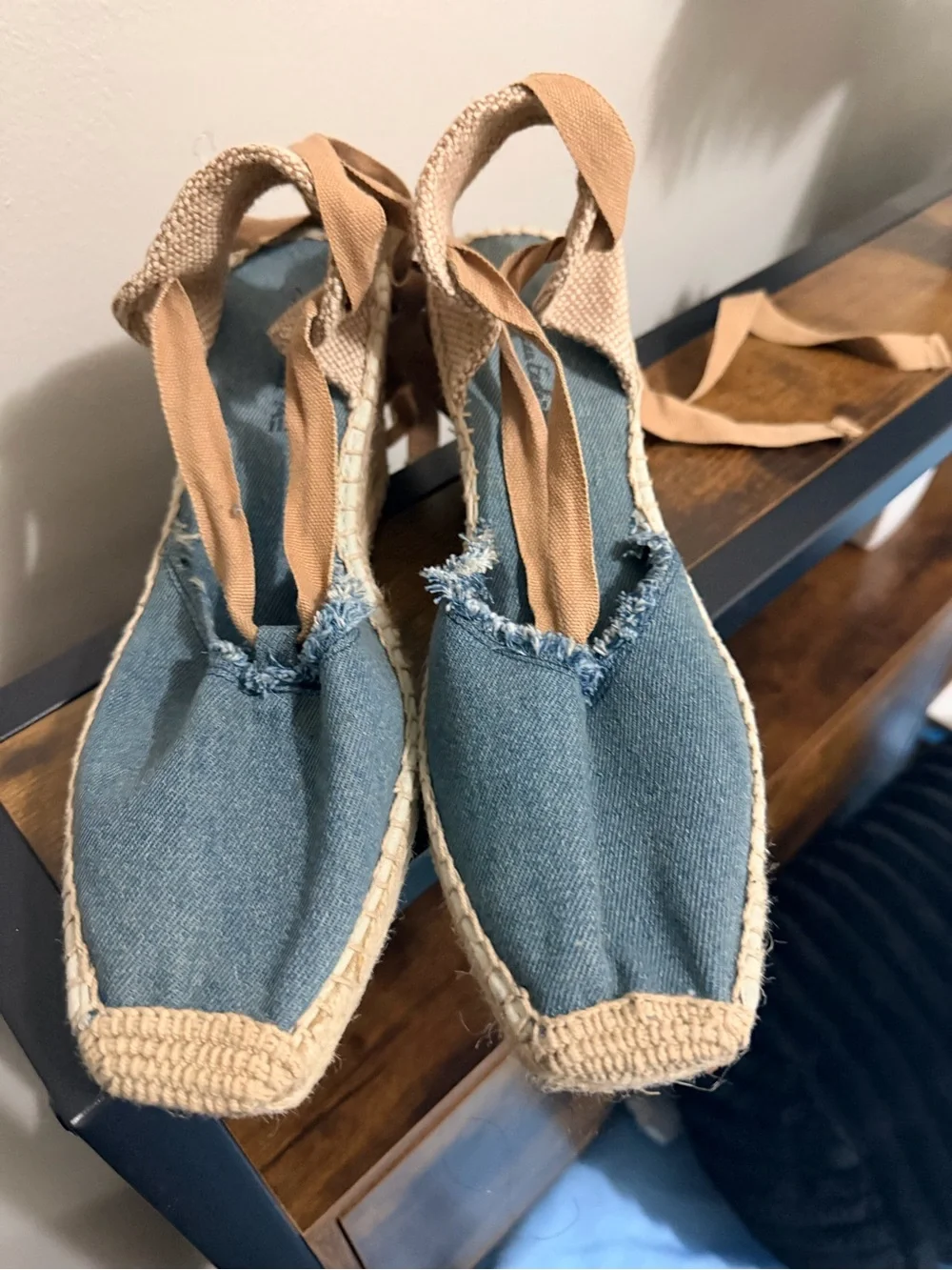 Toms Blue Canvas Espadrille Wrap Sandals with Brown Ties